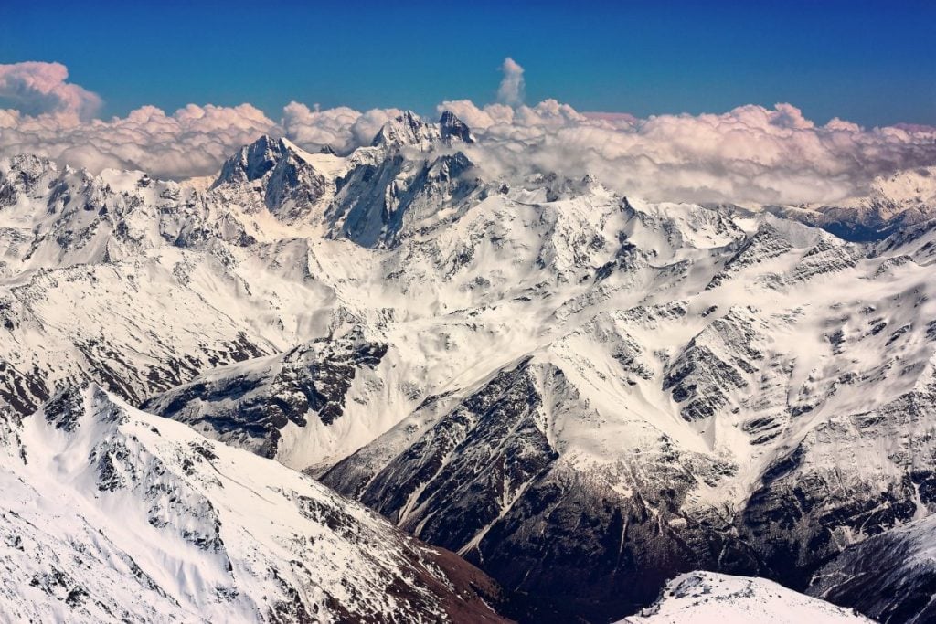 Ariel View of Snow Covered Mt Ushba and Caucasus Georgia