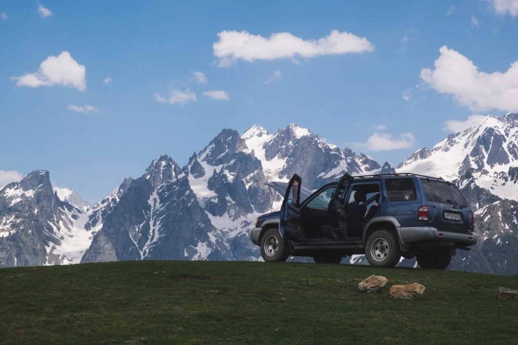 SUV at Koruldi Lakes Svaneti Georgia