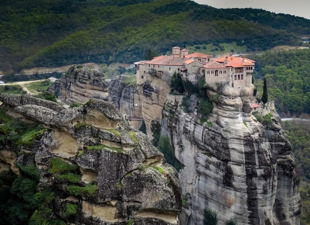 A castle on top of the rocky mountains of Meteora, Kalabaka