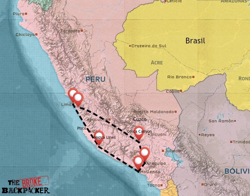 Map of South Peru itinerary