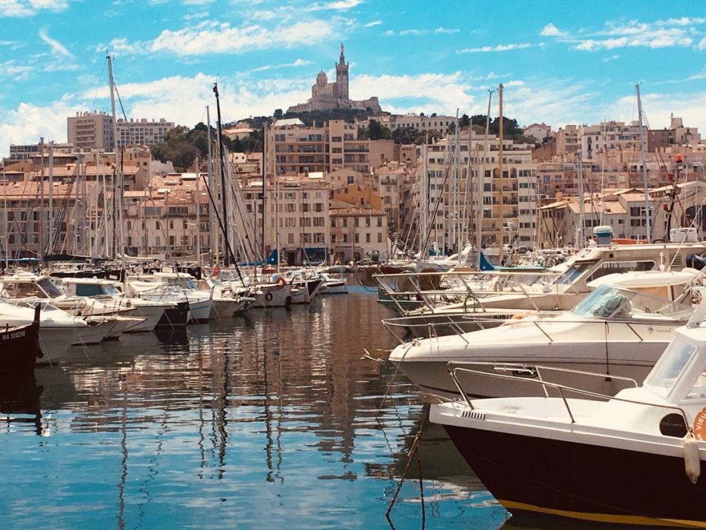 Vieux Port with Notre Dame de La Garde in Marseille, France