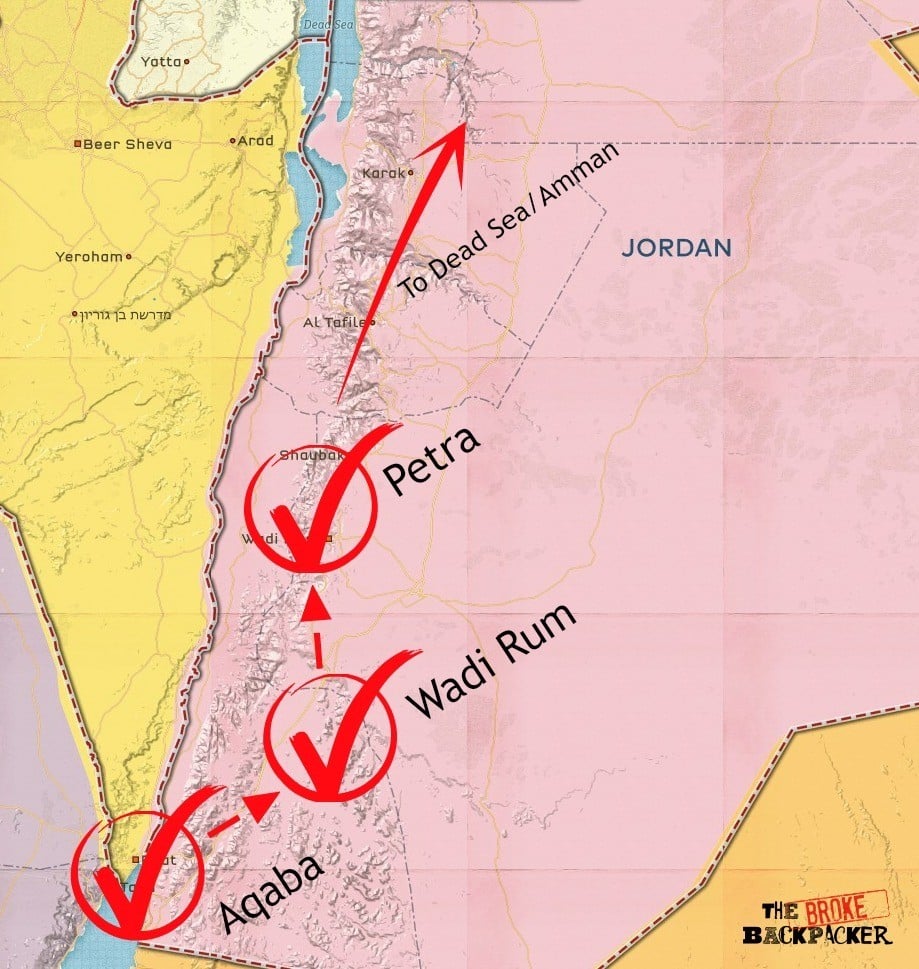 Map of the Jordan itinerary - 7 days