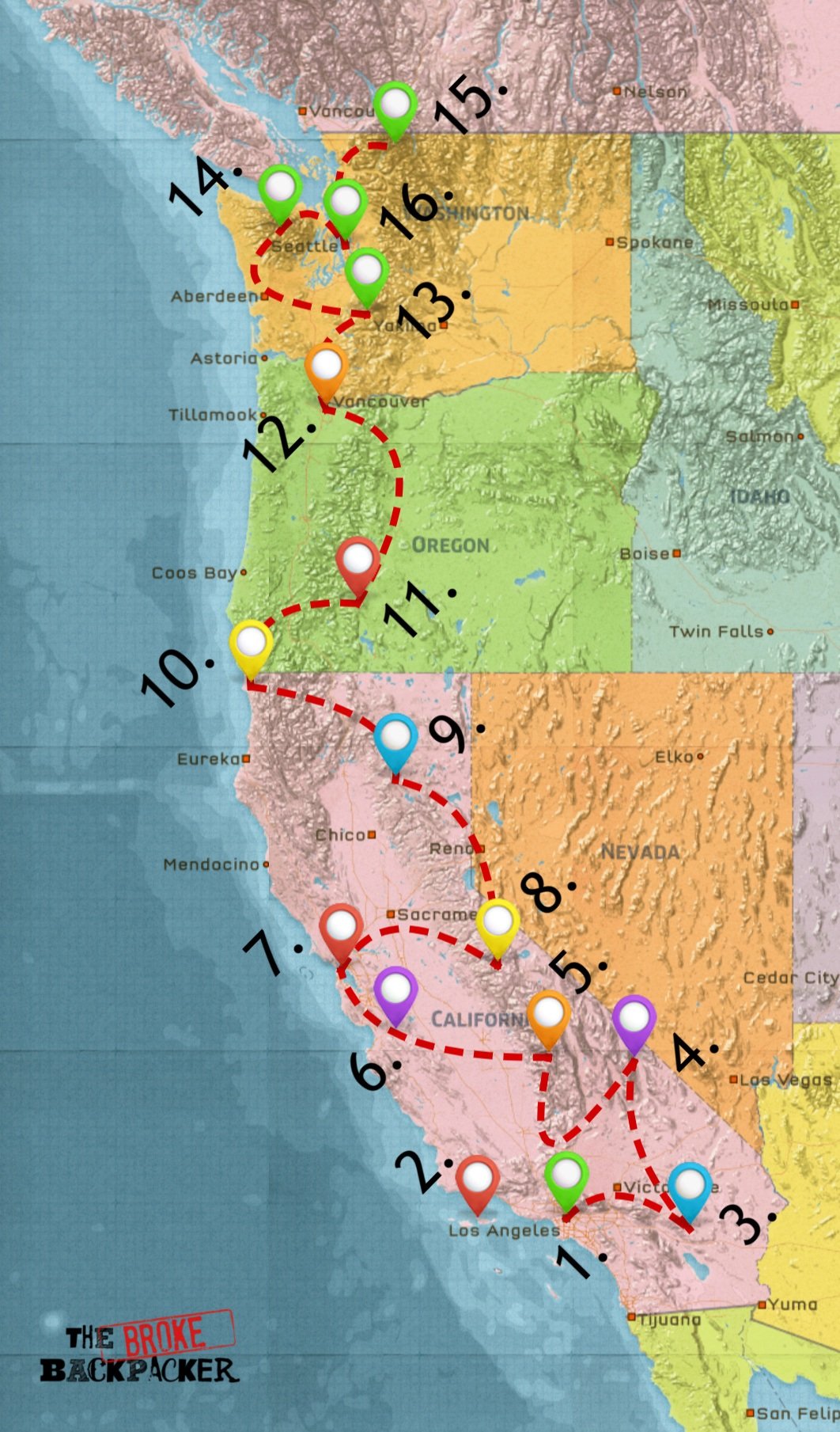 map of west coast road trip itinerary 10 days