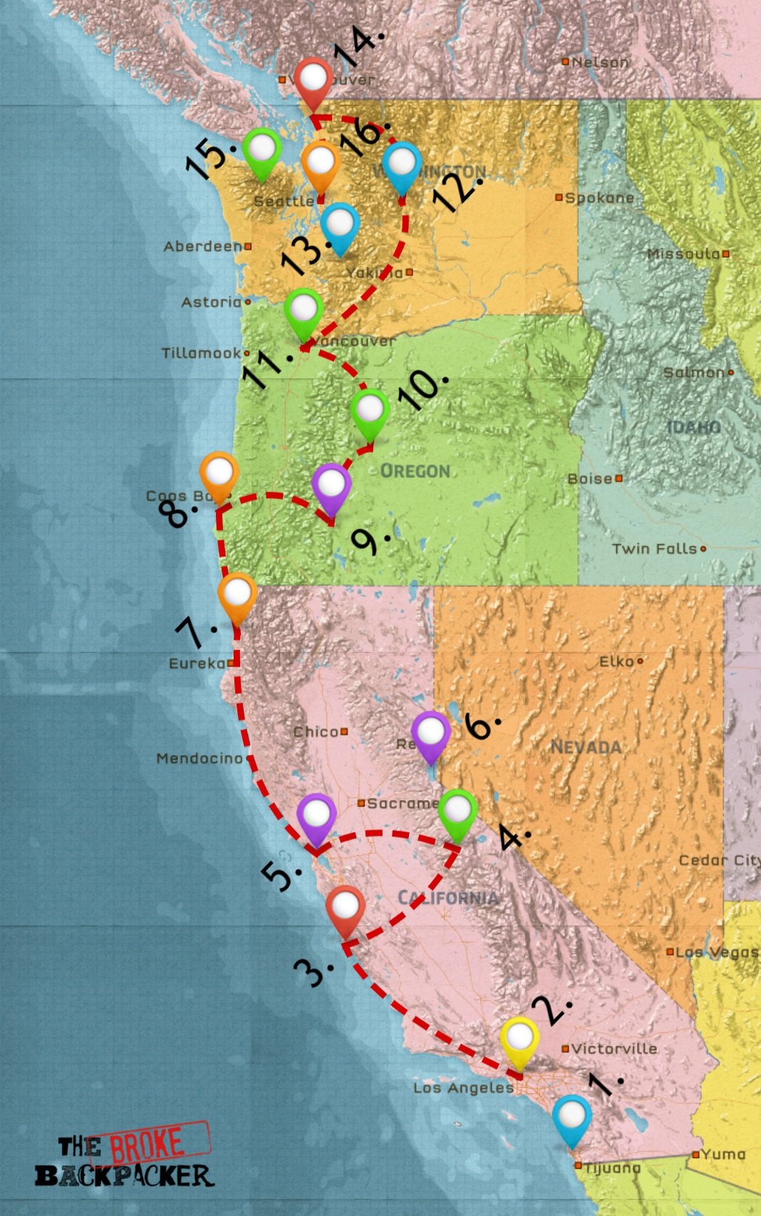 map of west coast road trip itinerary 3 weeks