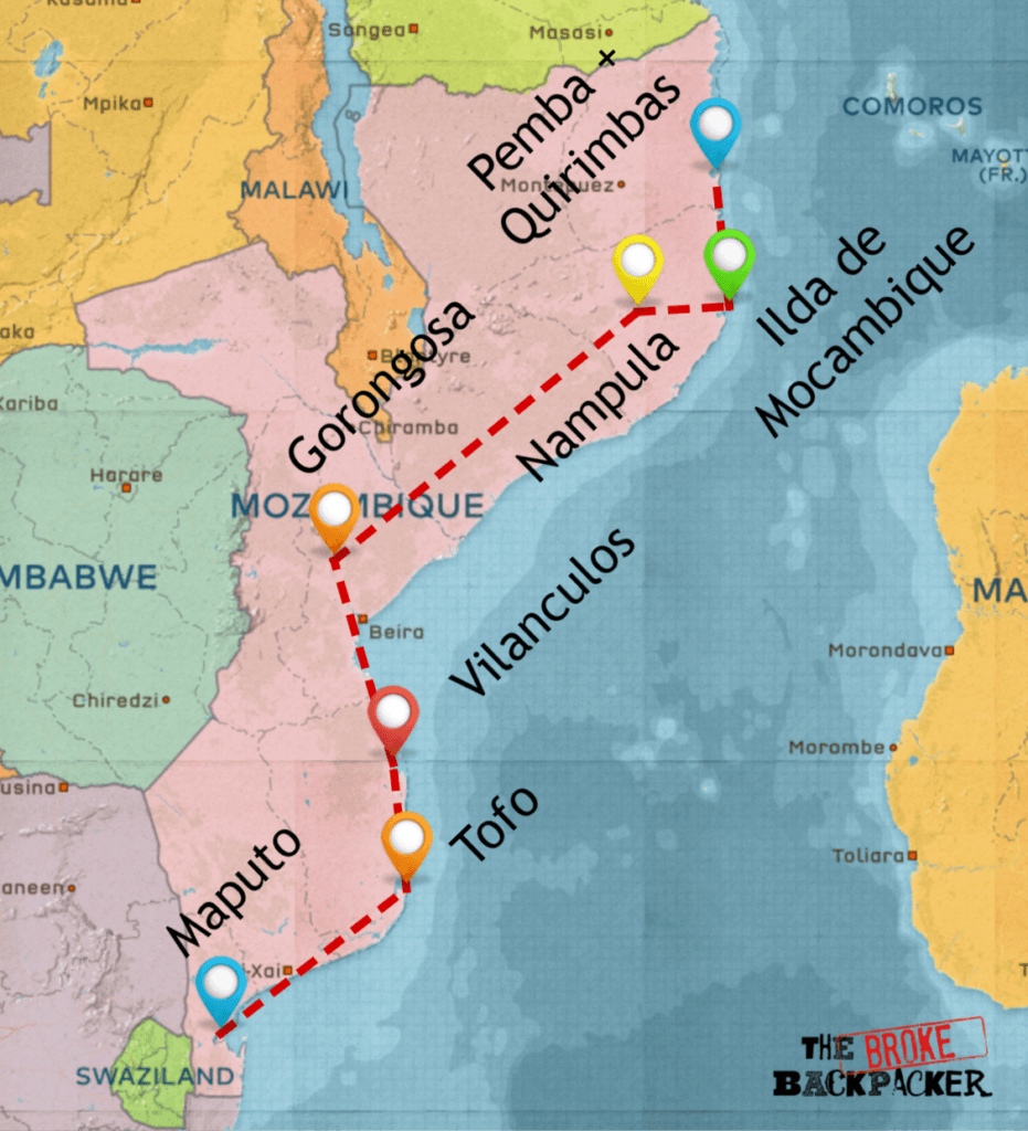 backpacking mozambique 4 week itinerary map