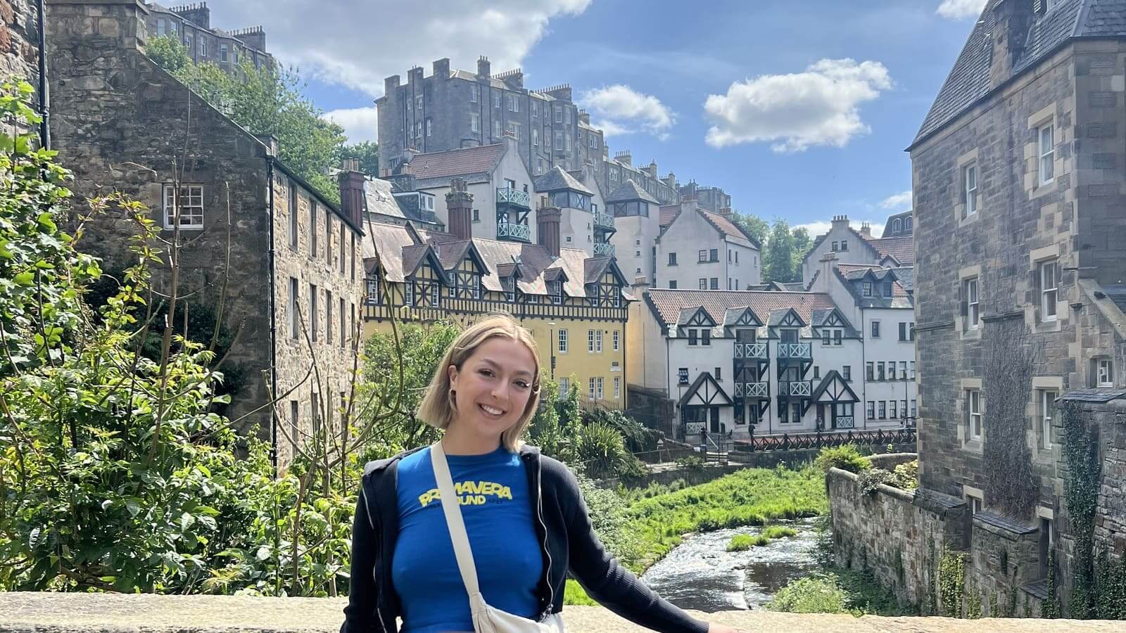 girl posing in dean village, edinburgh