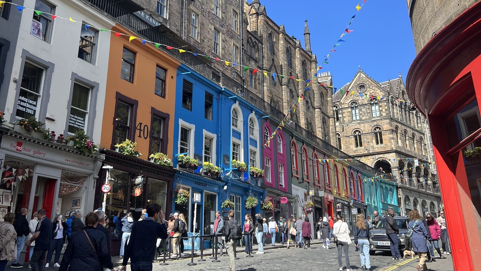 colorful homes on victoria street in edinburgh, scotland