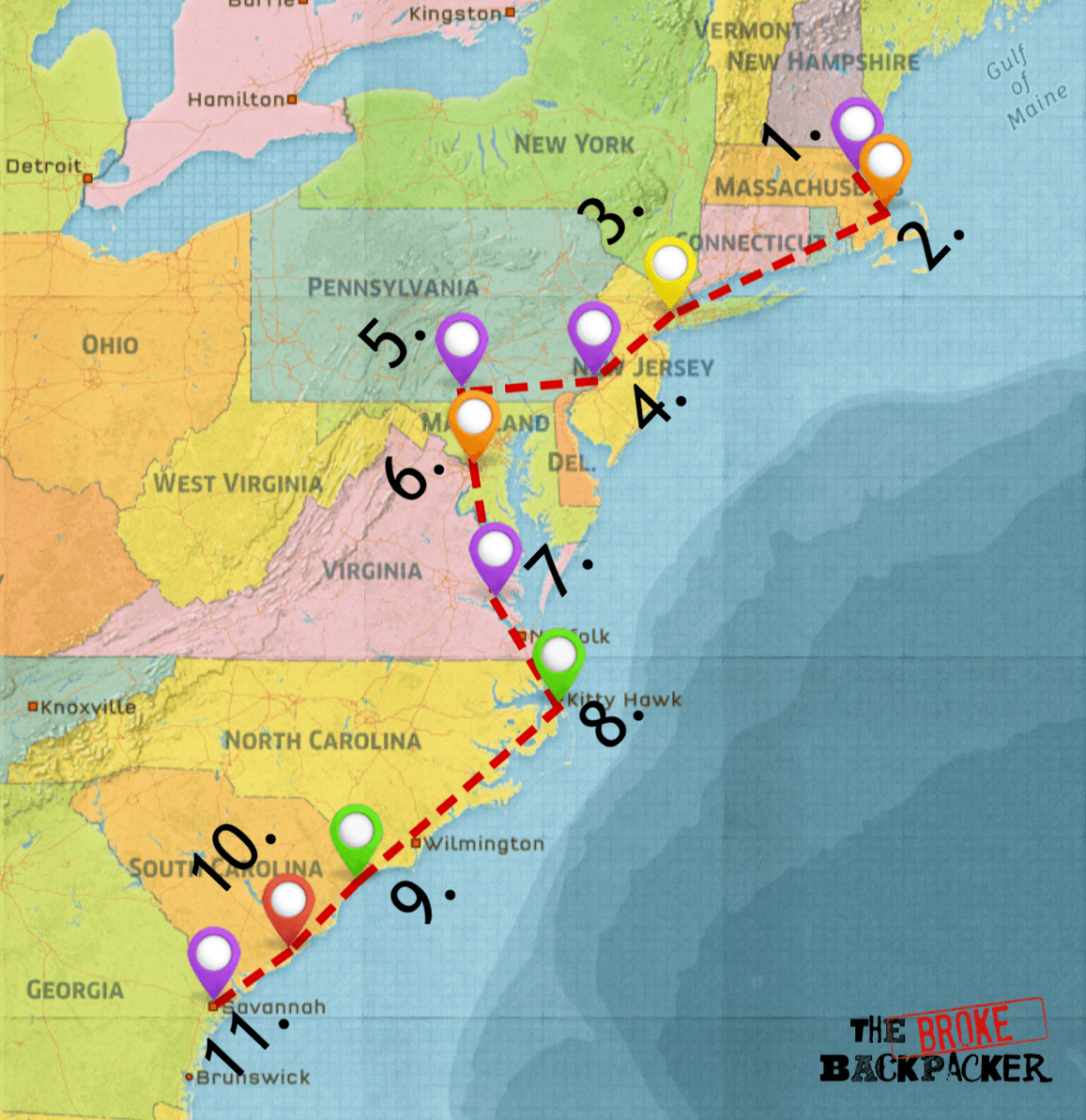 east coast road trip map - driving itinerary #2