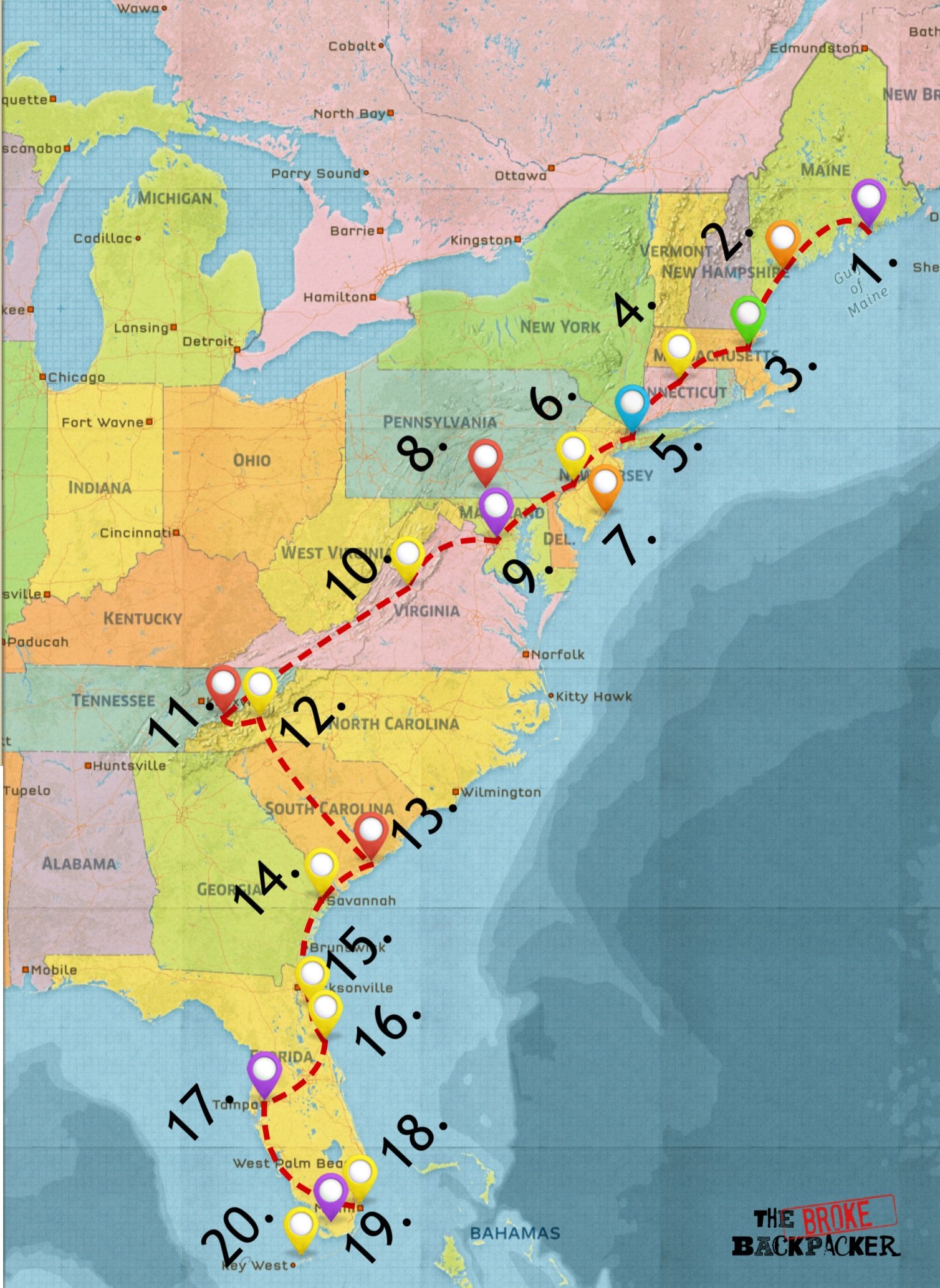 east coast road trip map - driving itinerary #3