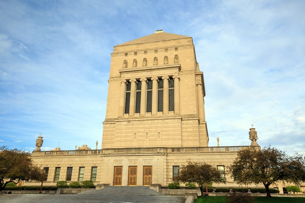 Exterior view of the Indianapolis War Memorial at sunset