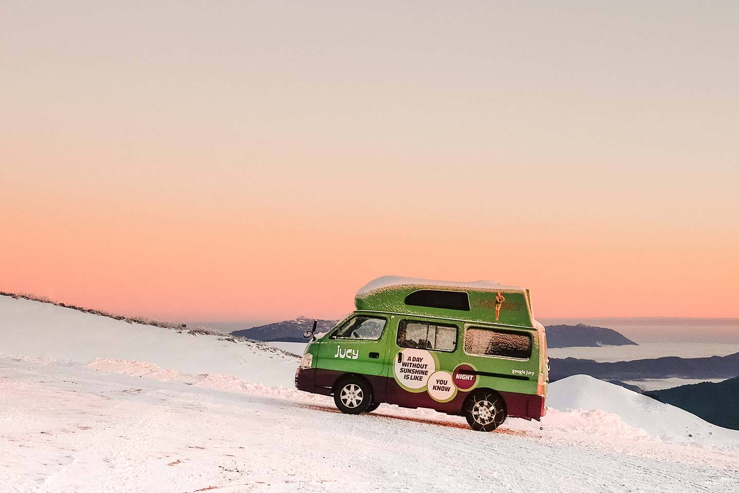 A JUCY van rental in the snow - premium choice for budget campervan hire in New Zealand and Australia