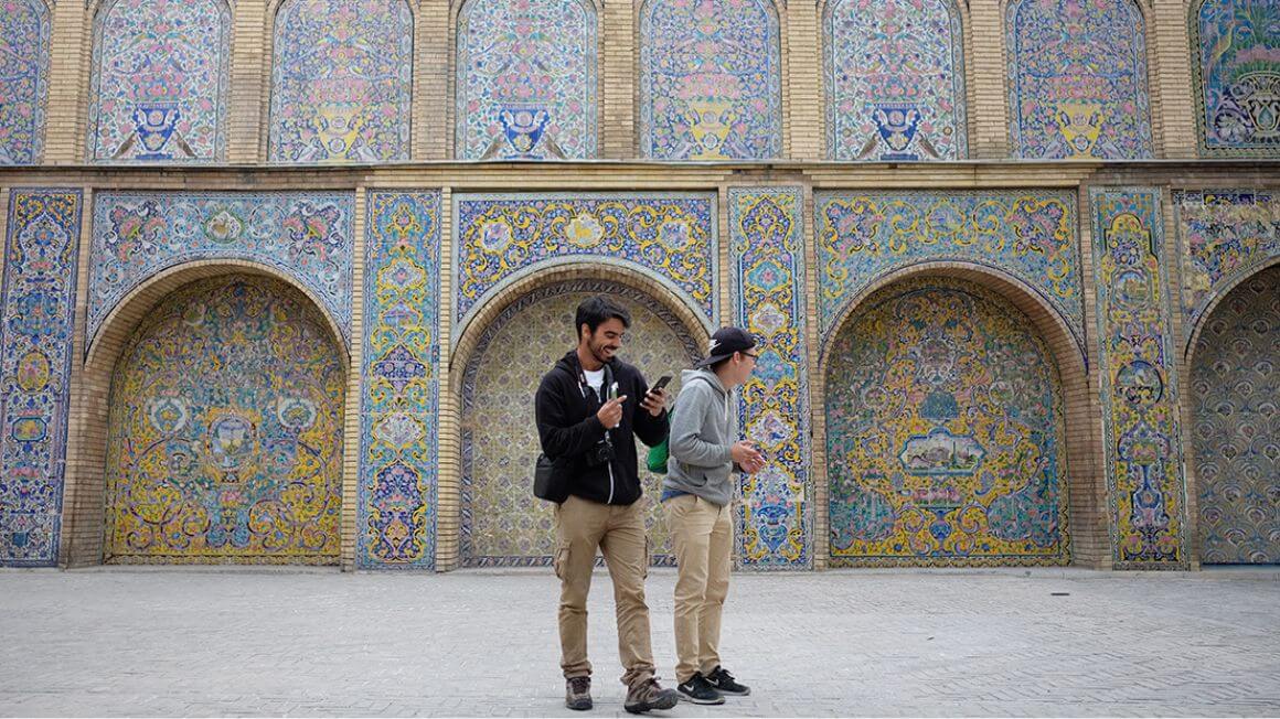 two travellers hang out at the golestan palace in tehran, Iran