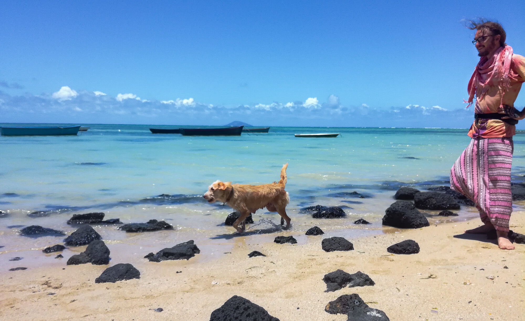 A backpacker visiting Mauritius walking with a dog on a public beach