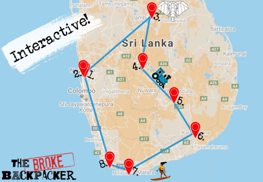 Map of Sri Lanka 2-Week Itinerary