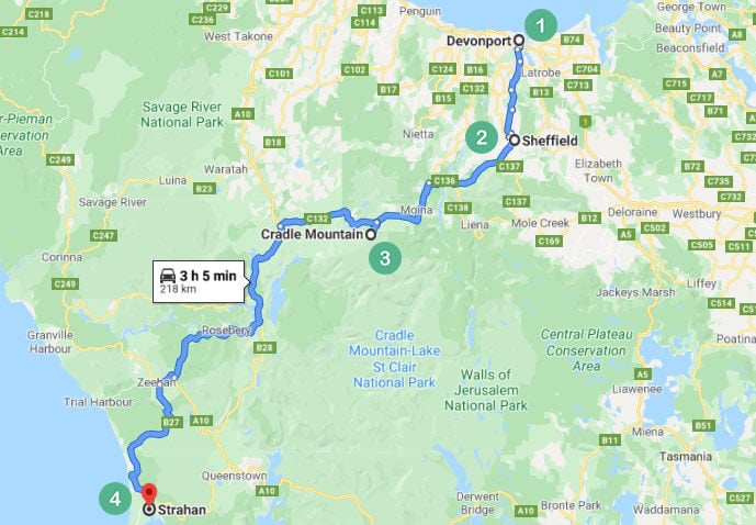 Tasmania Route 1 Map