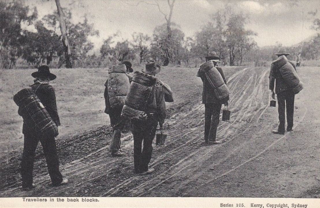 Archived photo of swagmen on a hiking adventure in Australia