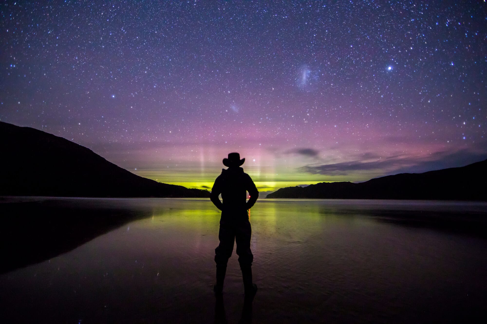 The Aurora Australis (southern lights) as seen from an adventure in southern Tasmania