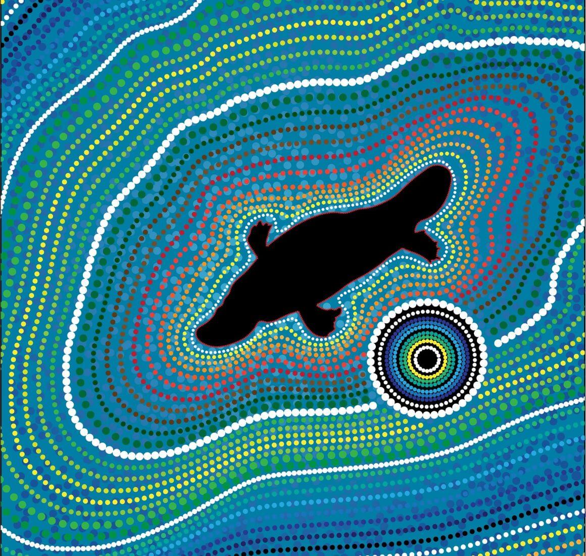 Aboriginal-style dot painting of an Australian platypus