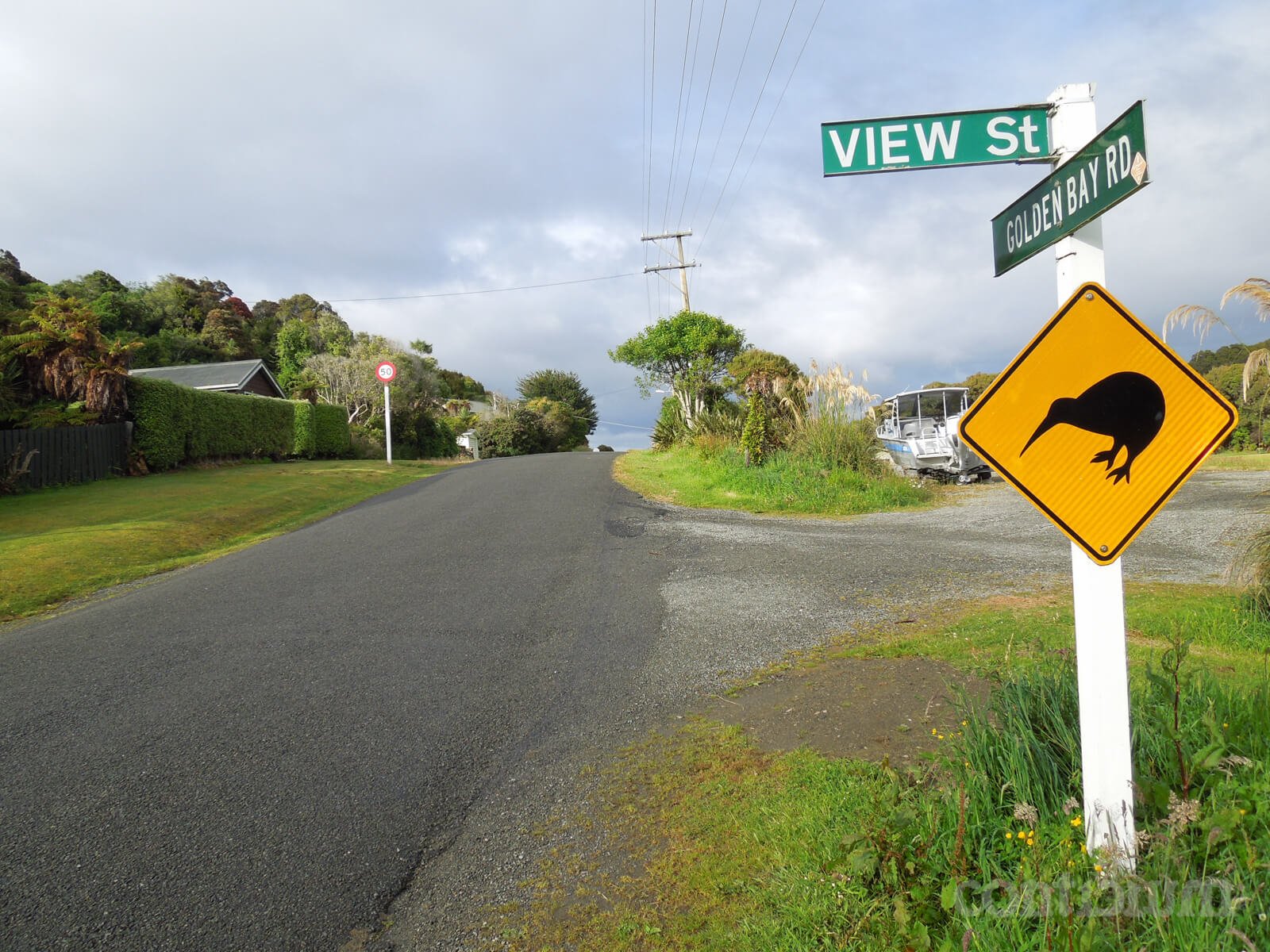 'Beware of Kiwi Birds' road sign in Oban, Stewart Island (Rakiura)