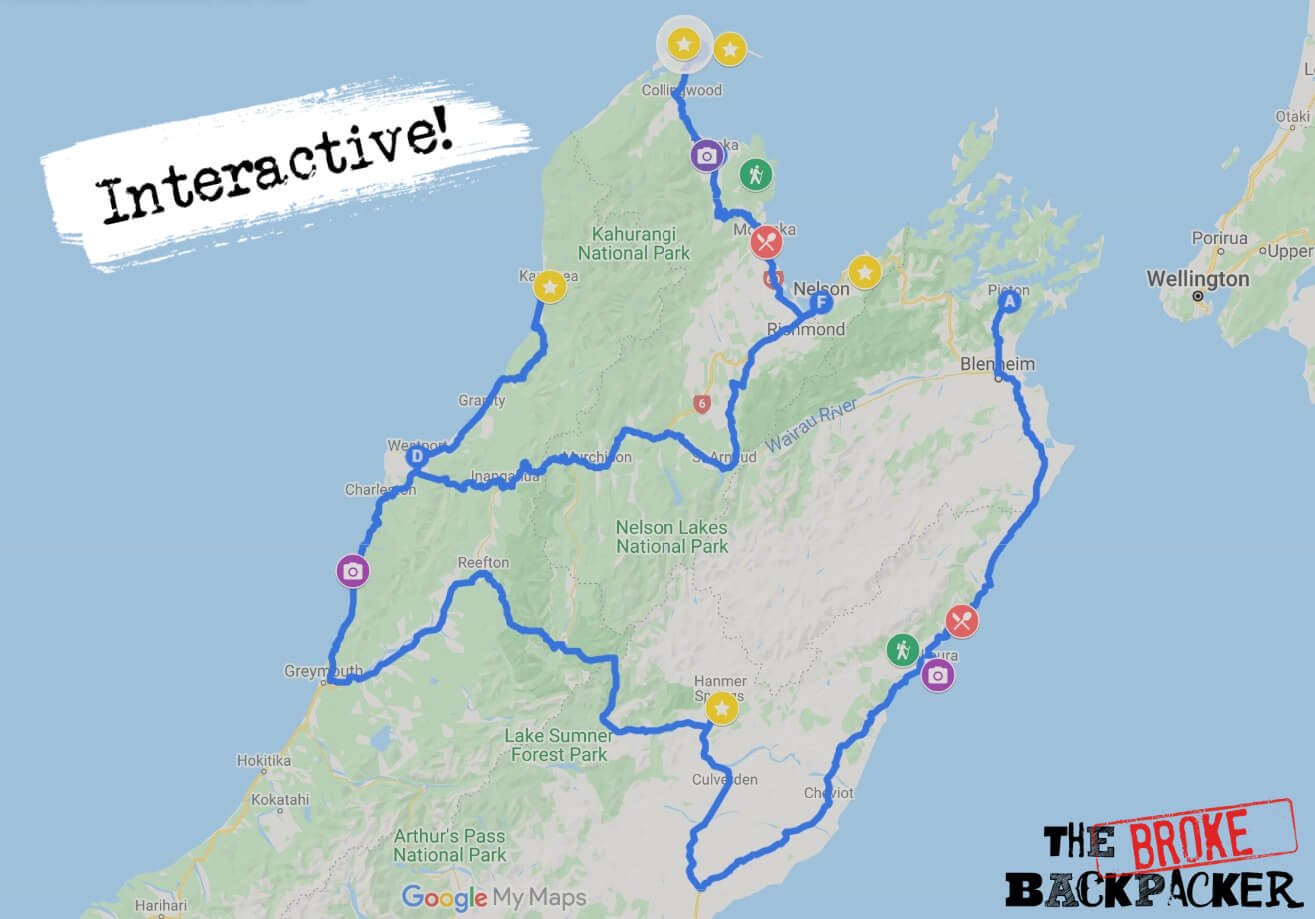 Map of the New Zealand South Island road trip route #1