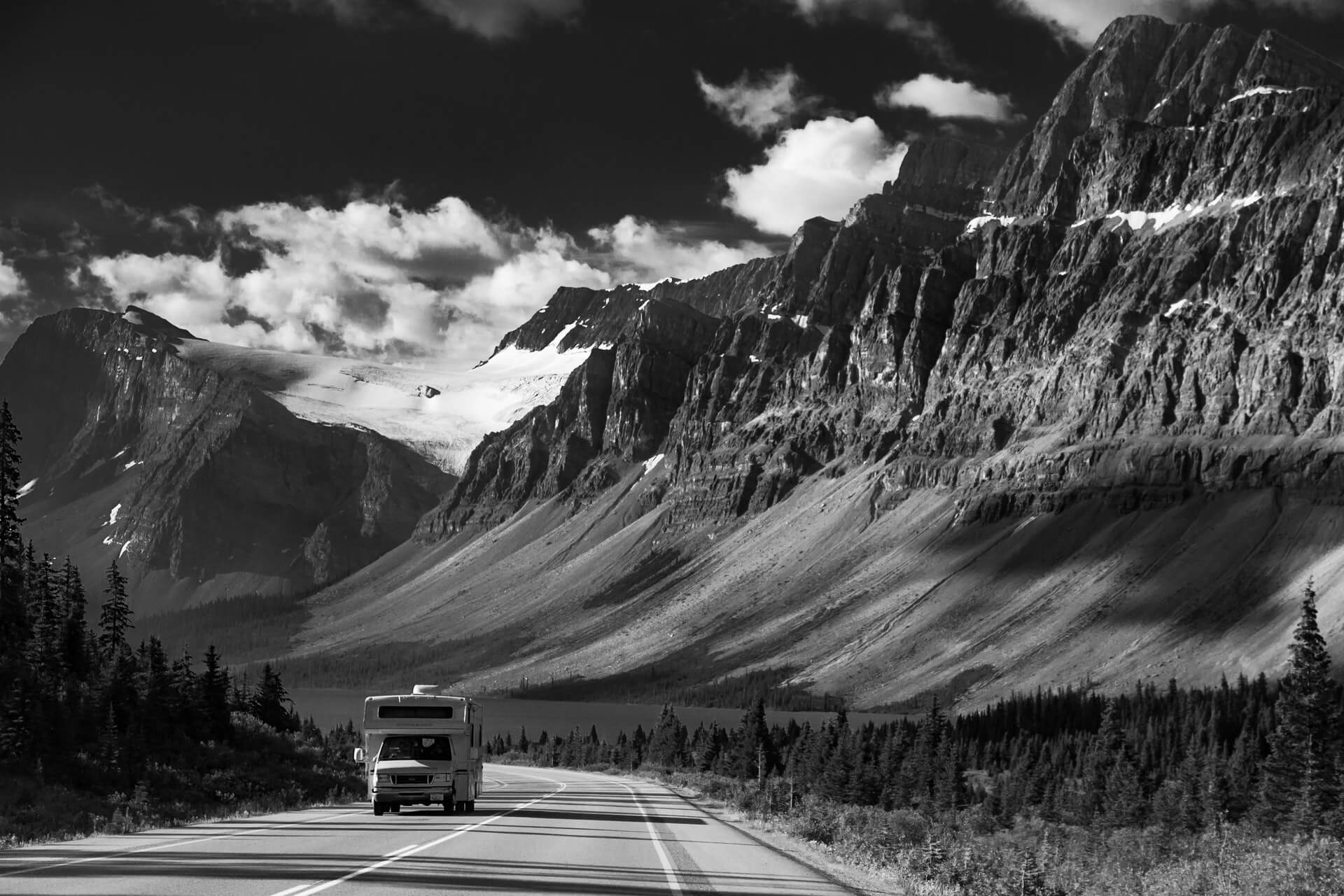 A rental RV on a planned road trip through the Canadian Rocky Mountains