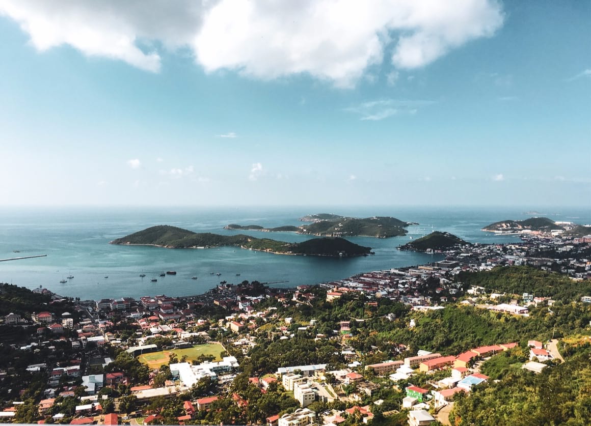 aerial view of st thomas island on a sunny day with a few clouds