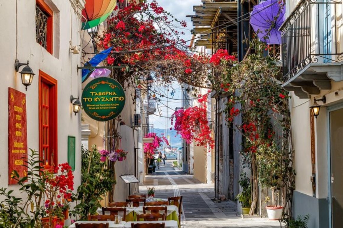 A restaurant in the narrow streets of the Old Town of Nafplio, Athens