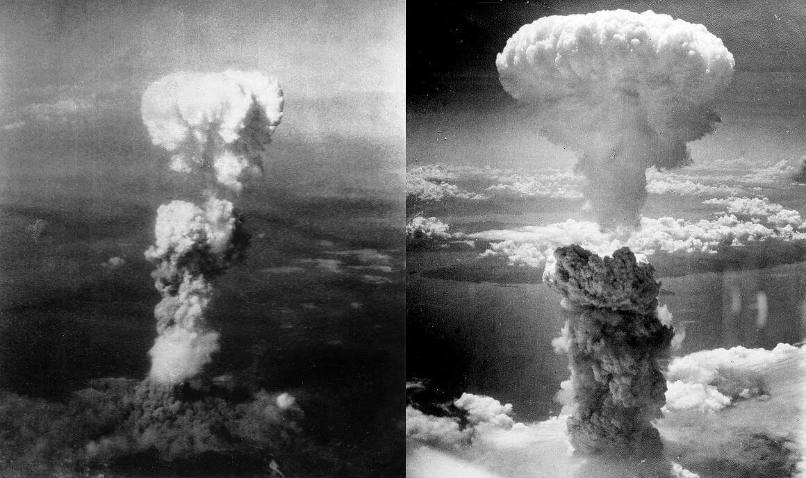 An atomic bomb going off as a black and white photograph