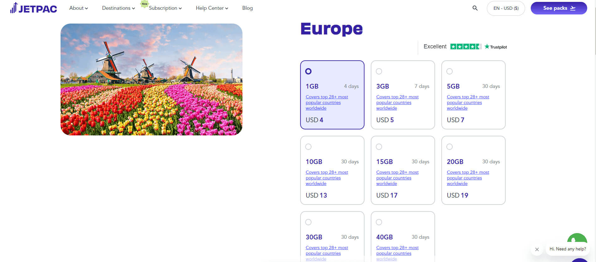 Pricing options for Europe esim with Jetpac provider