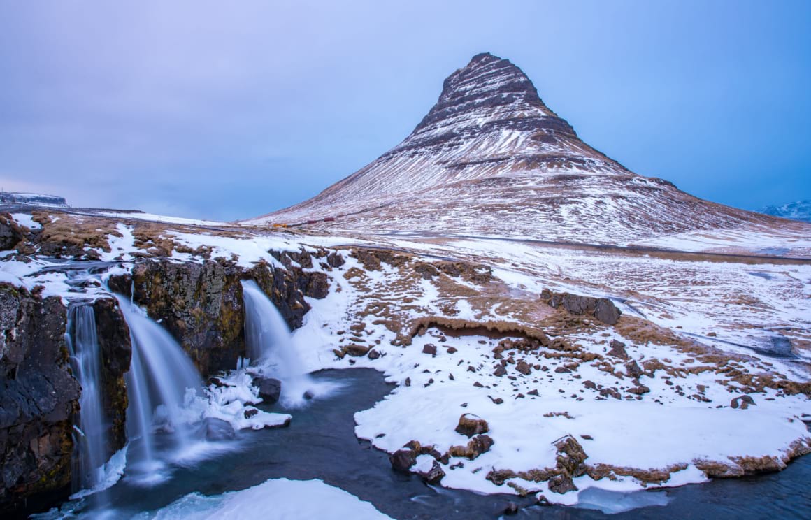 Iceland Snaefellsnes Peninsula Mount Kirkjufell Landscape in Winter