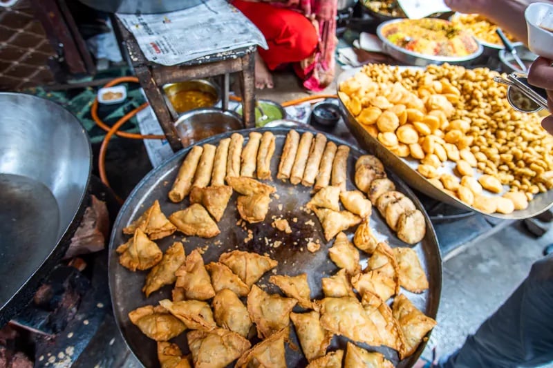 Samosas on the street in India (asian food)