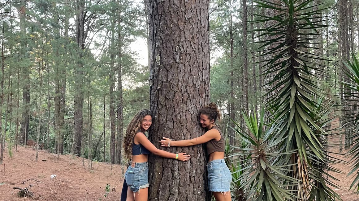 two girls hugging a pine tree in a forest while hiking