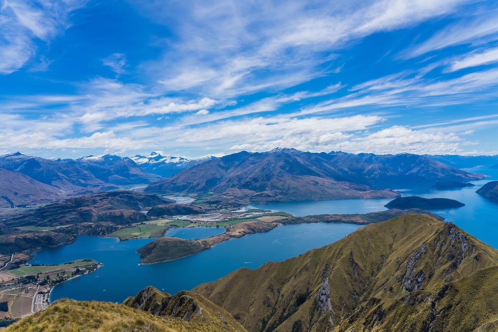 The view over the lakes and mountains from Roy's Peak, Wanaka, New Zealand