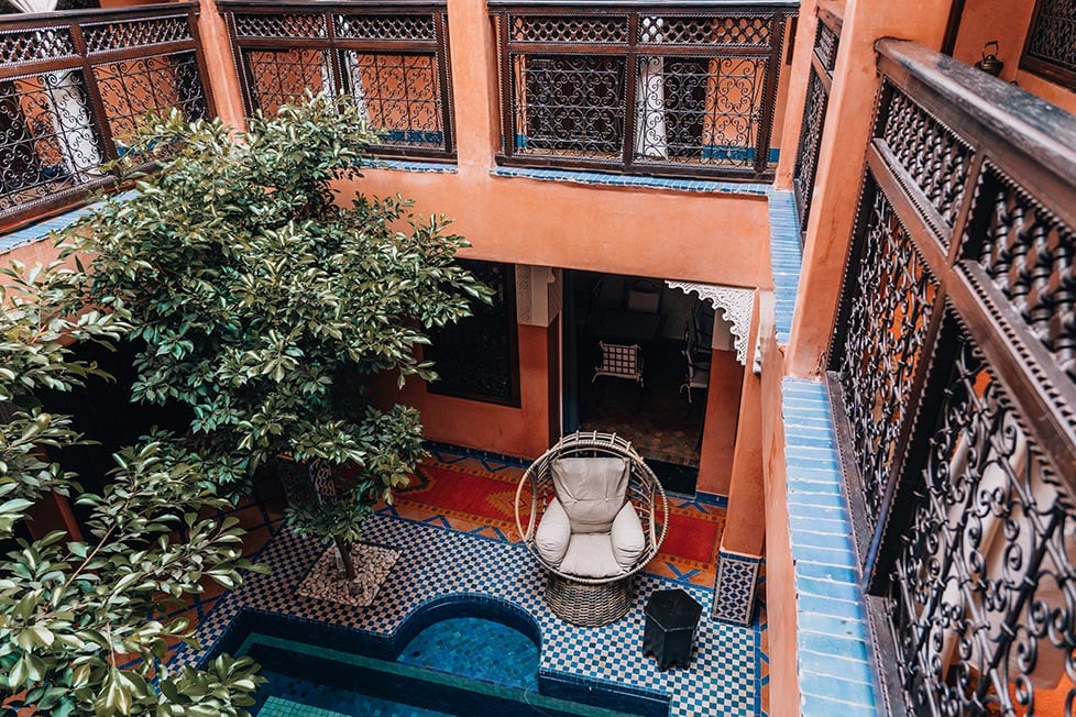 The inside courtyard of a riad in Marrakech, Morocco.