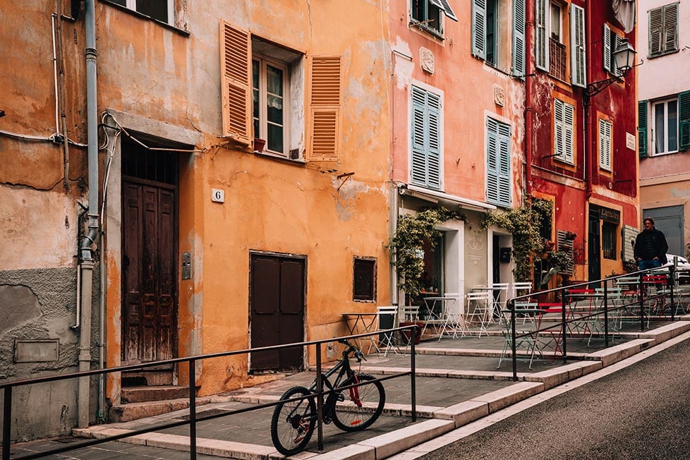 Pastel coloured rustic buildings in Nice, France