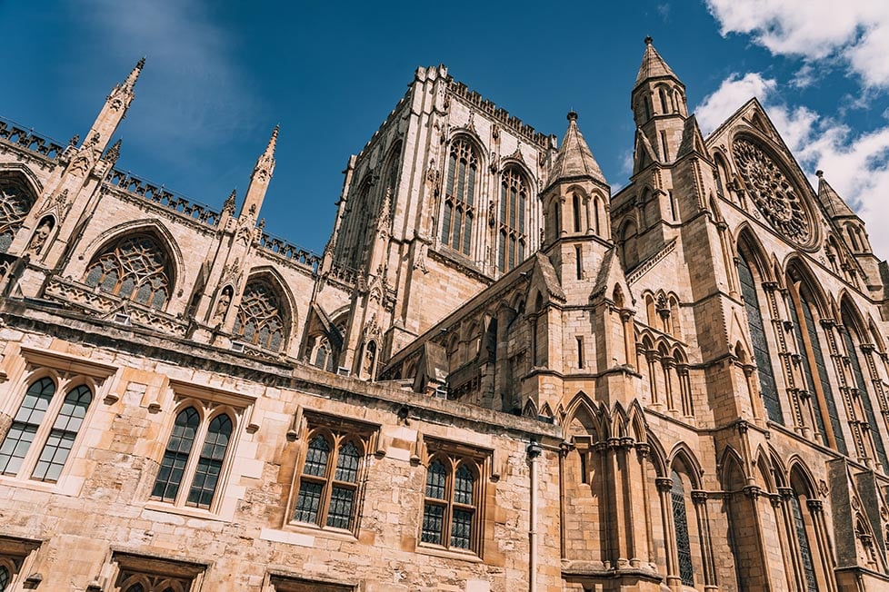 Looking up at the side of the ornate York Minster, York, UK. England, United Kingdom