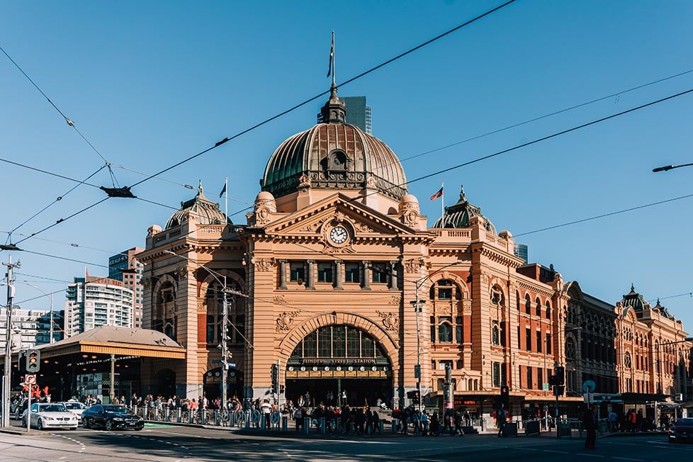 The outside of Flinders St Station in Melbourne, Australia.