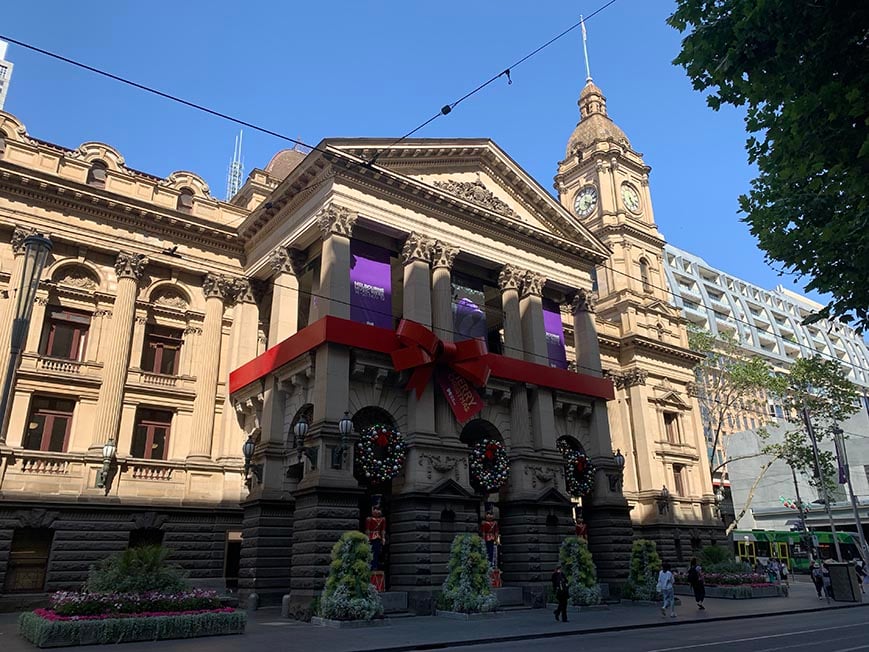 The town hall dressed up for christmas in Melbourne, Australia.