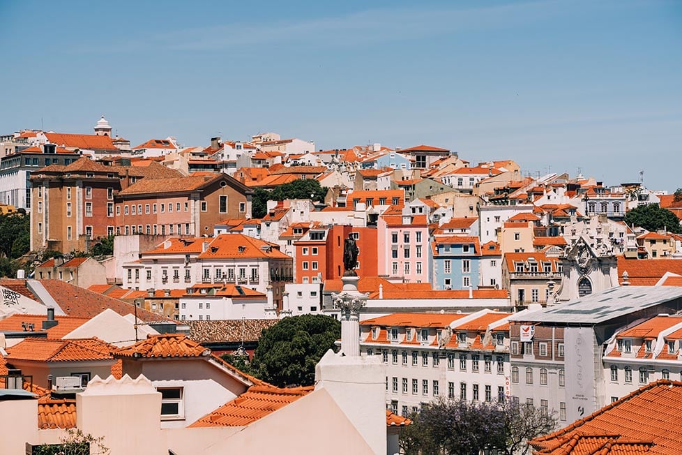 The view over Lisbon, Portugal with the many orange terracotta rooftops