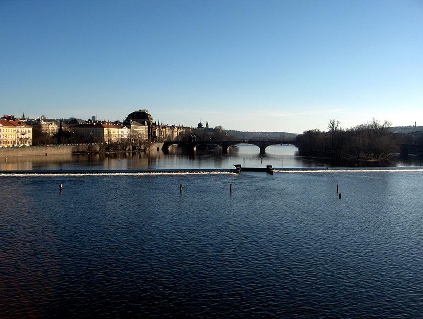 The view down the river from the Charles Bridge in Prague, Czech Republic.