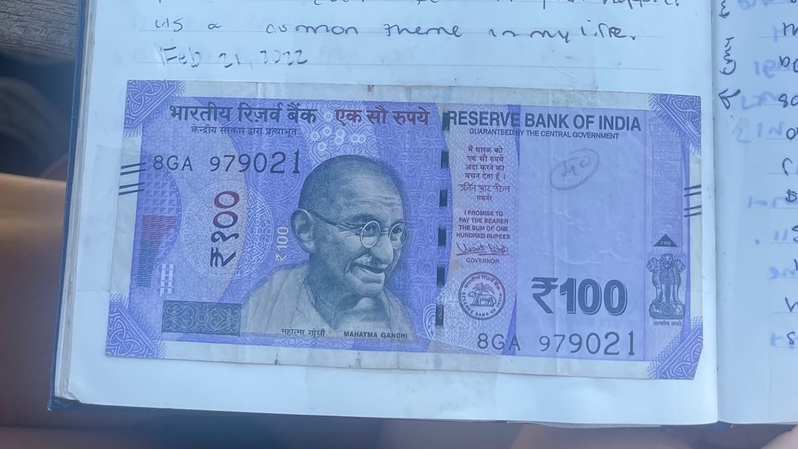A Indian note in a travel journal.
