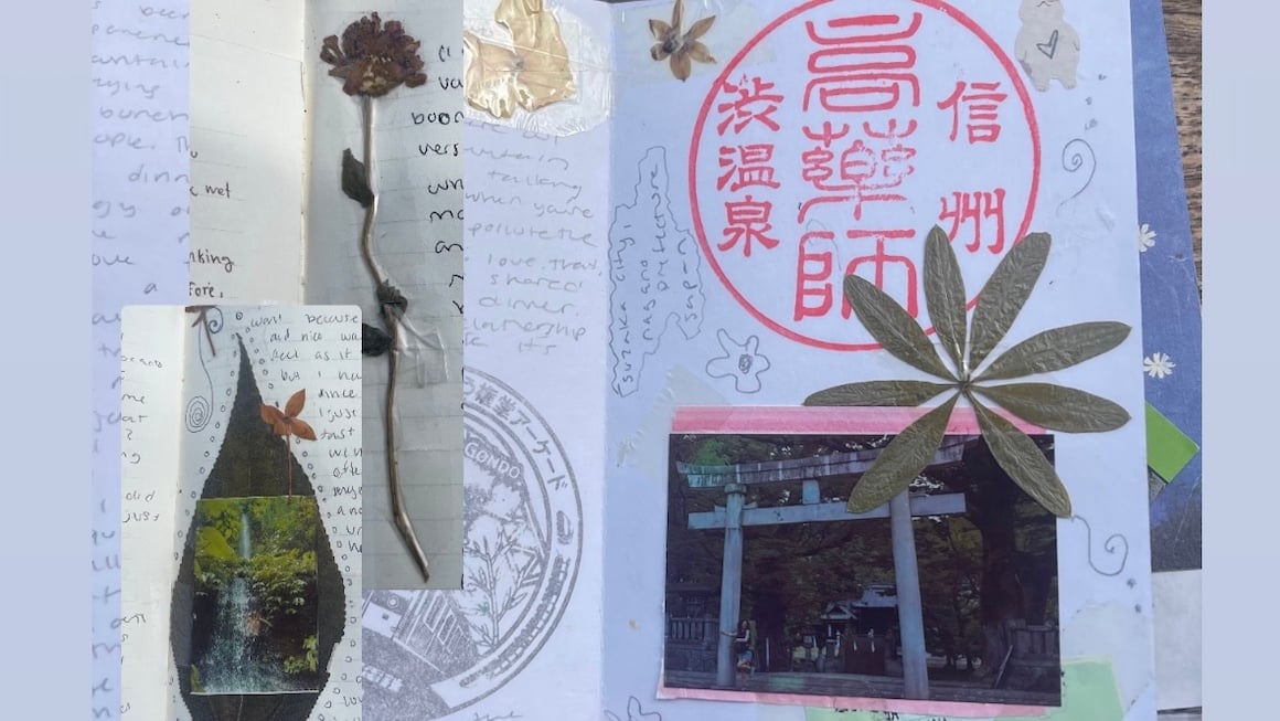 A page from a travel journal full of pressed flowers, stamps and photos.