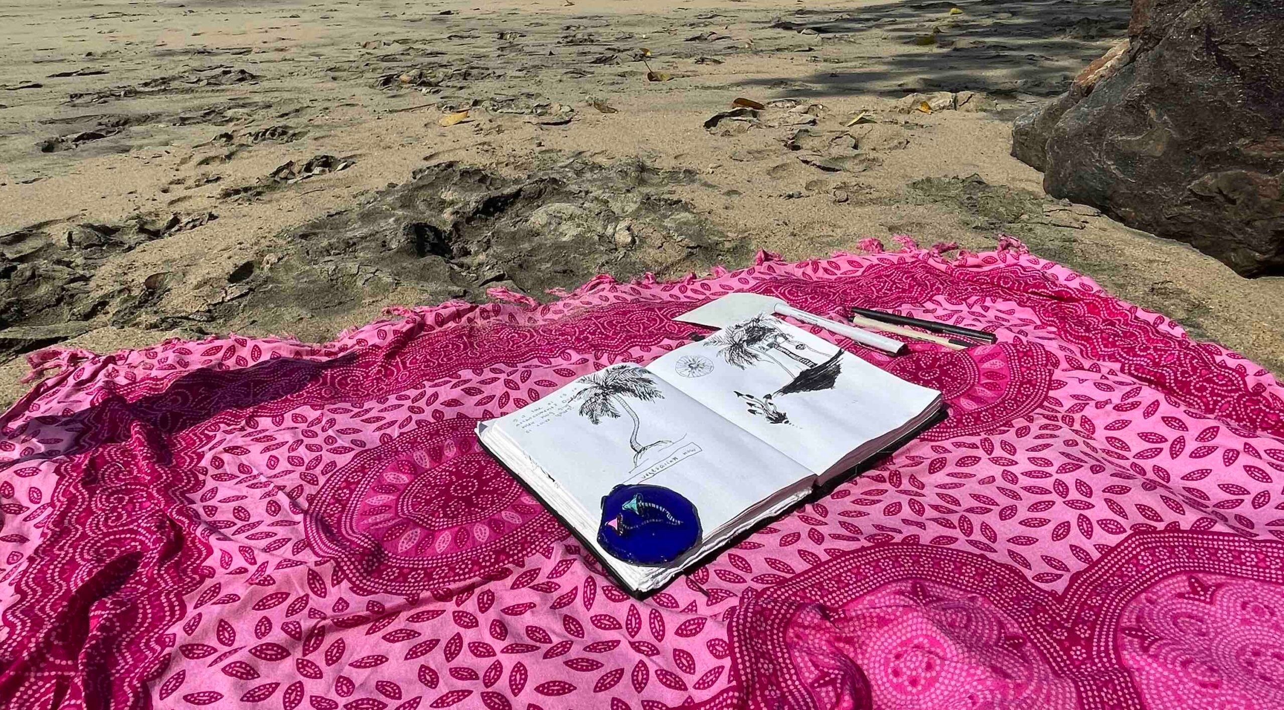 A sketch in a journal of palm trees on a beach in Mexico.