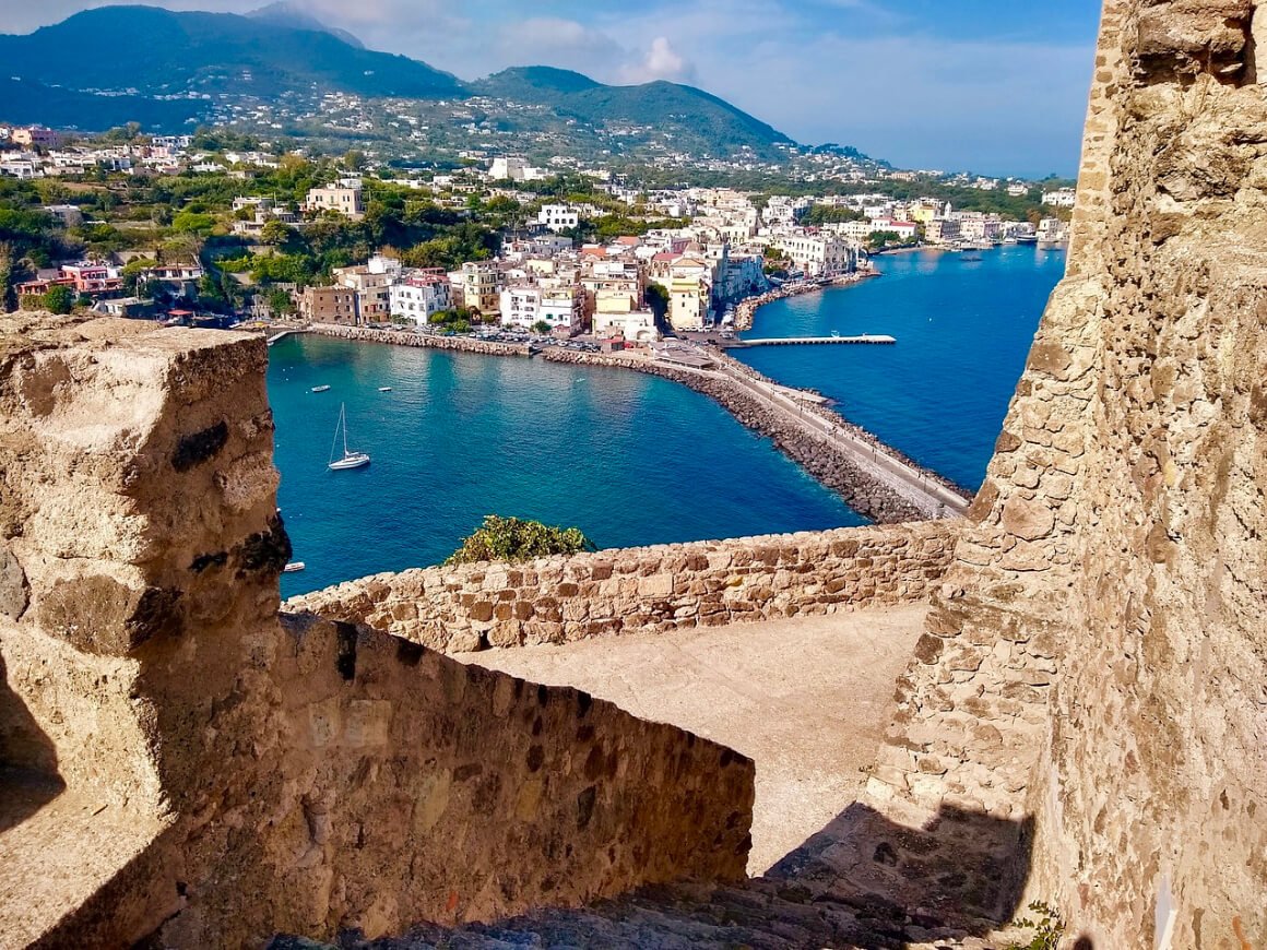 Ischia Italy, looking out from the castle back towards ischia porto with mountains in the background