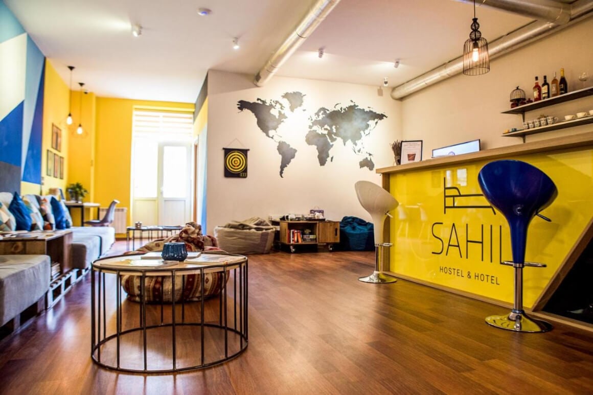 Bright yellow common area at Sahil Hostel & Hotel, Baku Azerbaijan