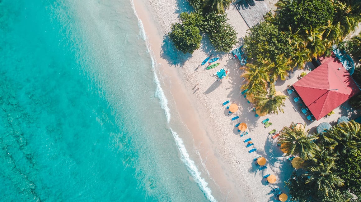 A drone shot of a deserted beach in South Caicos