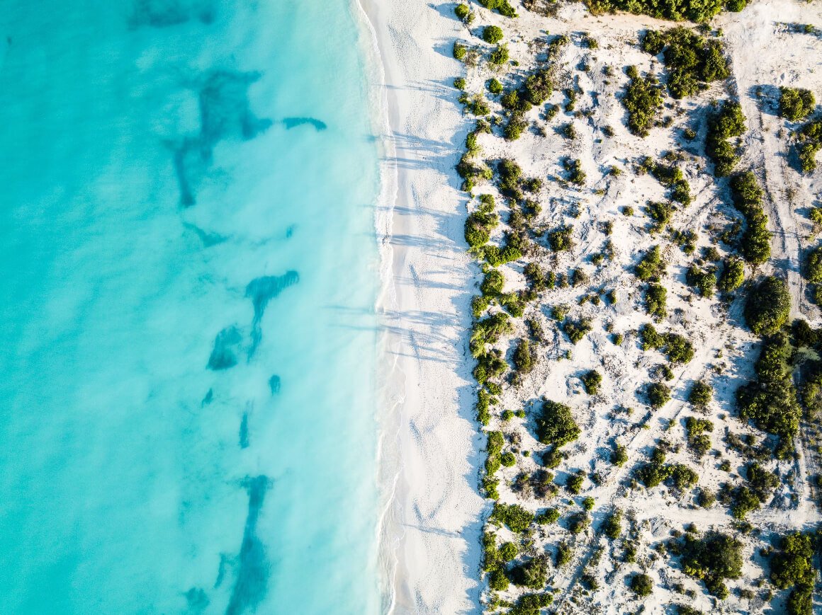 Ariel view of the sand and ocean in Turks and Caicos