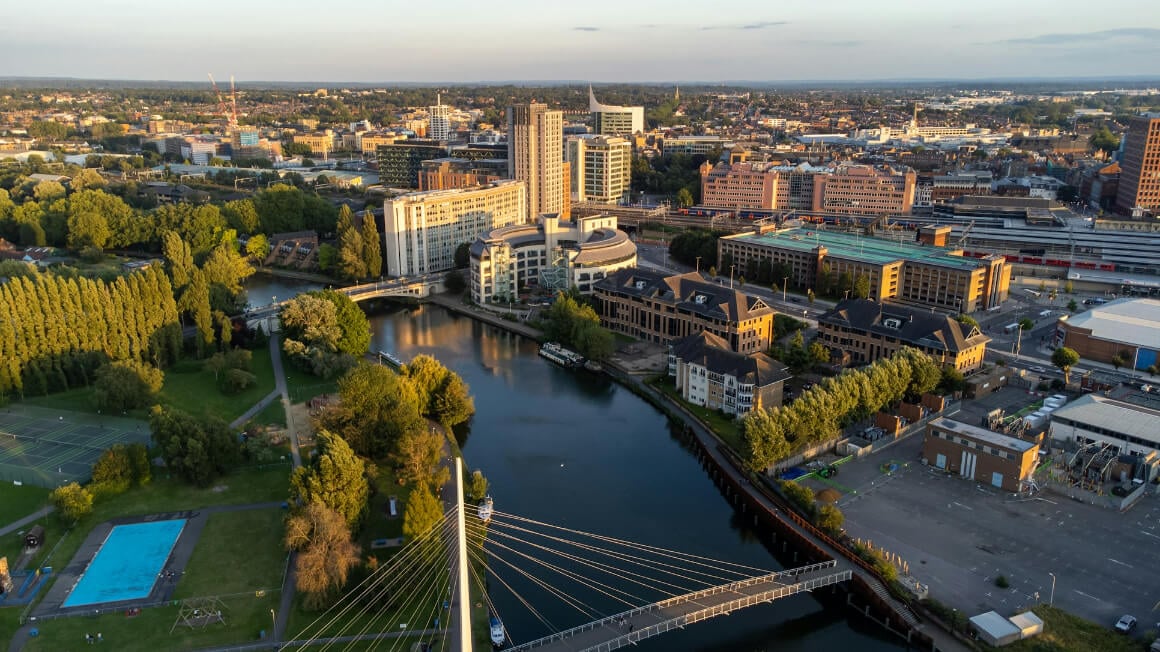 Aerial view of city buildings in Reading