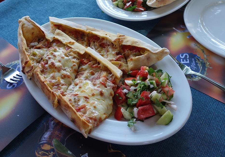 A cheese and pepper pide in Turkey