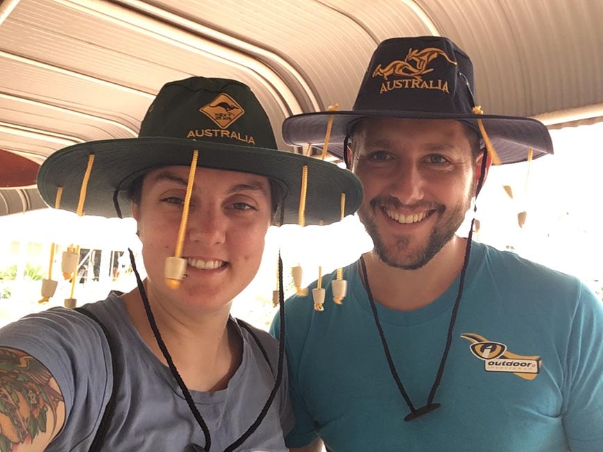 Nic and Shorty wearing Australian cork hats in the outback.